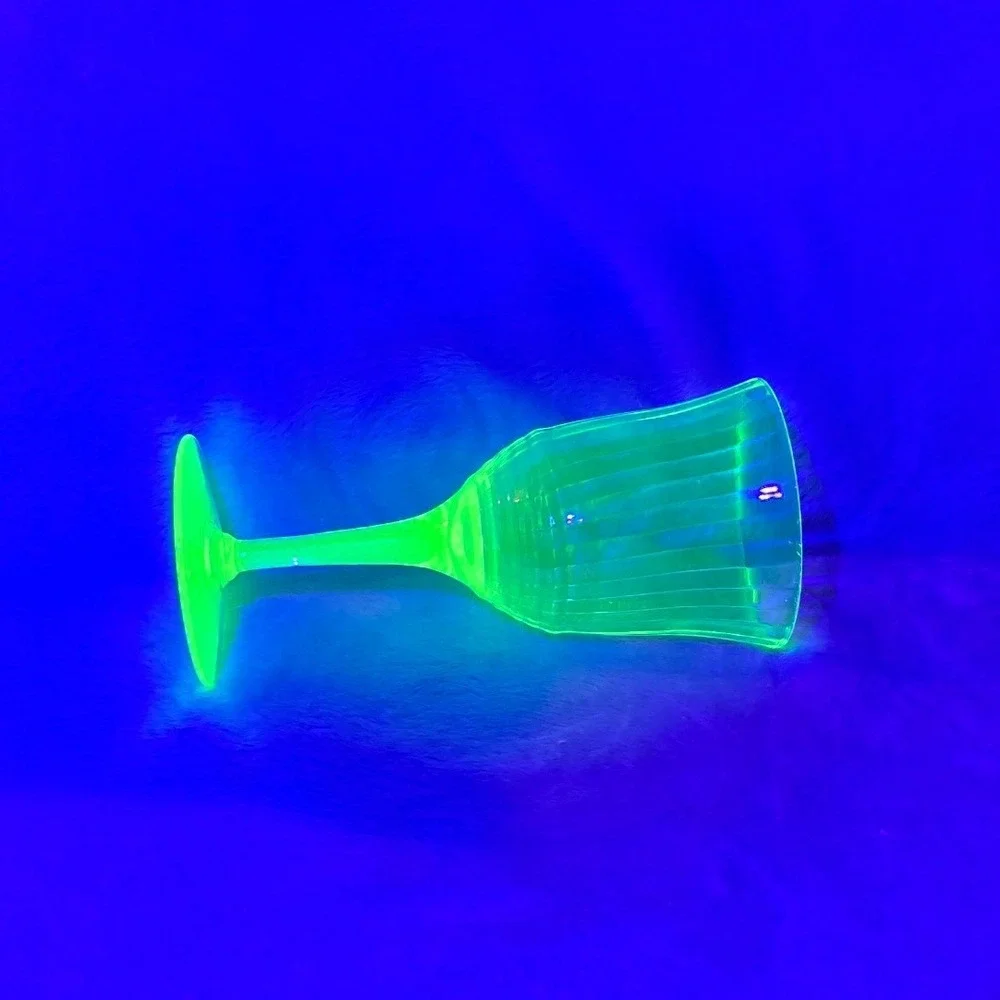 Vintage Green Uranium‎ Glass Wine Goblet Optic Rib Depression Glass UV Glow